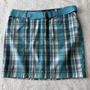Chaps Plaid Mini Skirt w/ Teal Belt - Blue, Yellow, White Plaid - Size 12 NWT